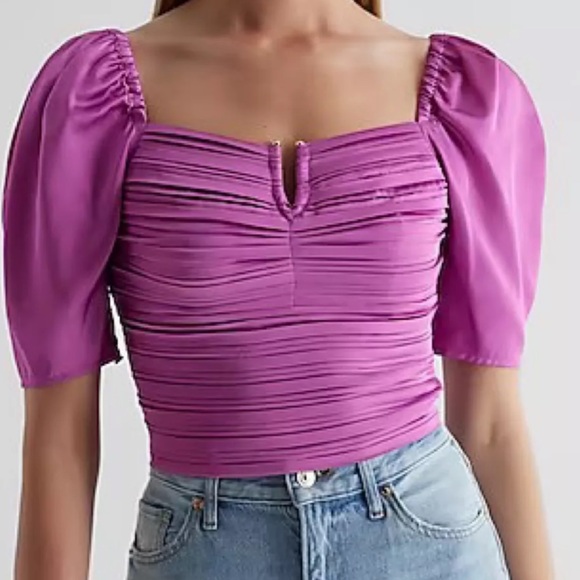 Express Tops - NWT Elegant Purple/Pink Express Cropped Top with Puff Sleeves Size M